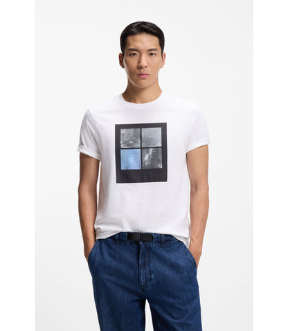 Boss Printed Artwork T Shirt In Cotton Jersey White
