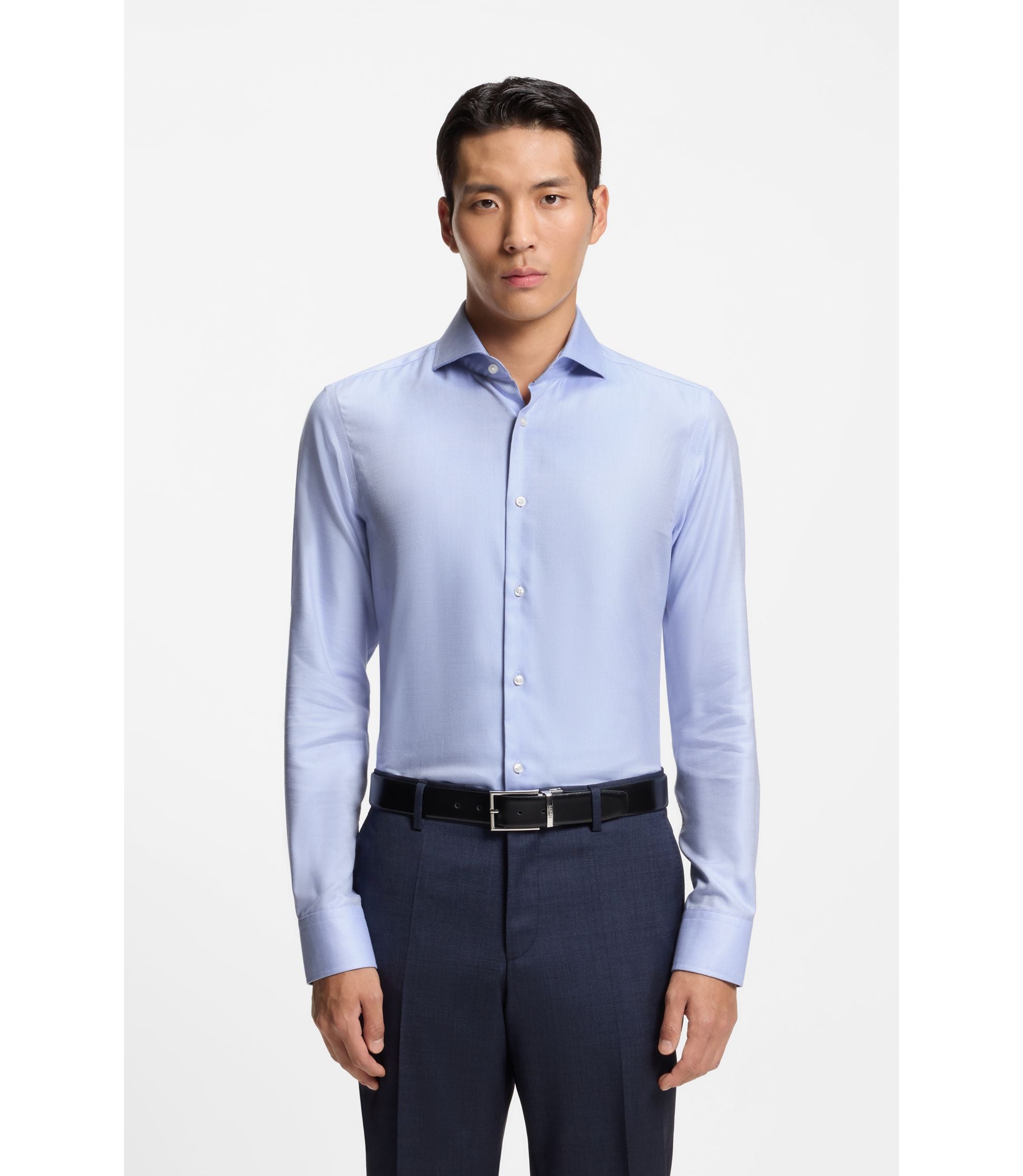 Boss Wrinkle Resistant Slim Fit Shirt In A Cotton Blend Light Blue