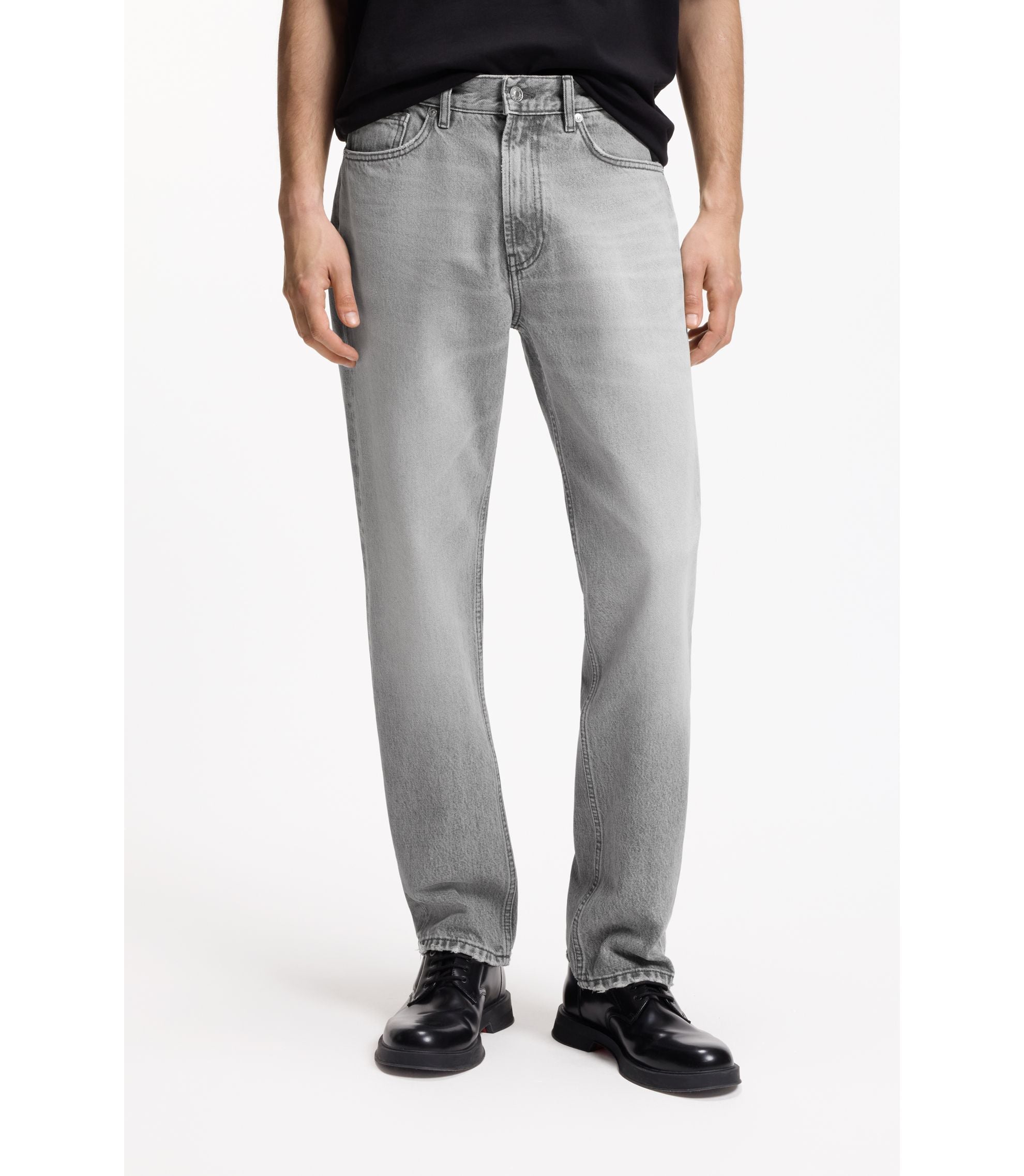 Hugo Grey Regular Fit Jeans In Stonewashed Denim Silver