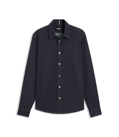 Boss Indigo Regular Fit Shirt In Stretch Denim Dark Blue