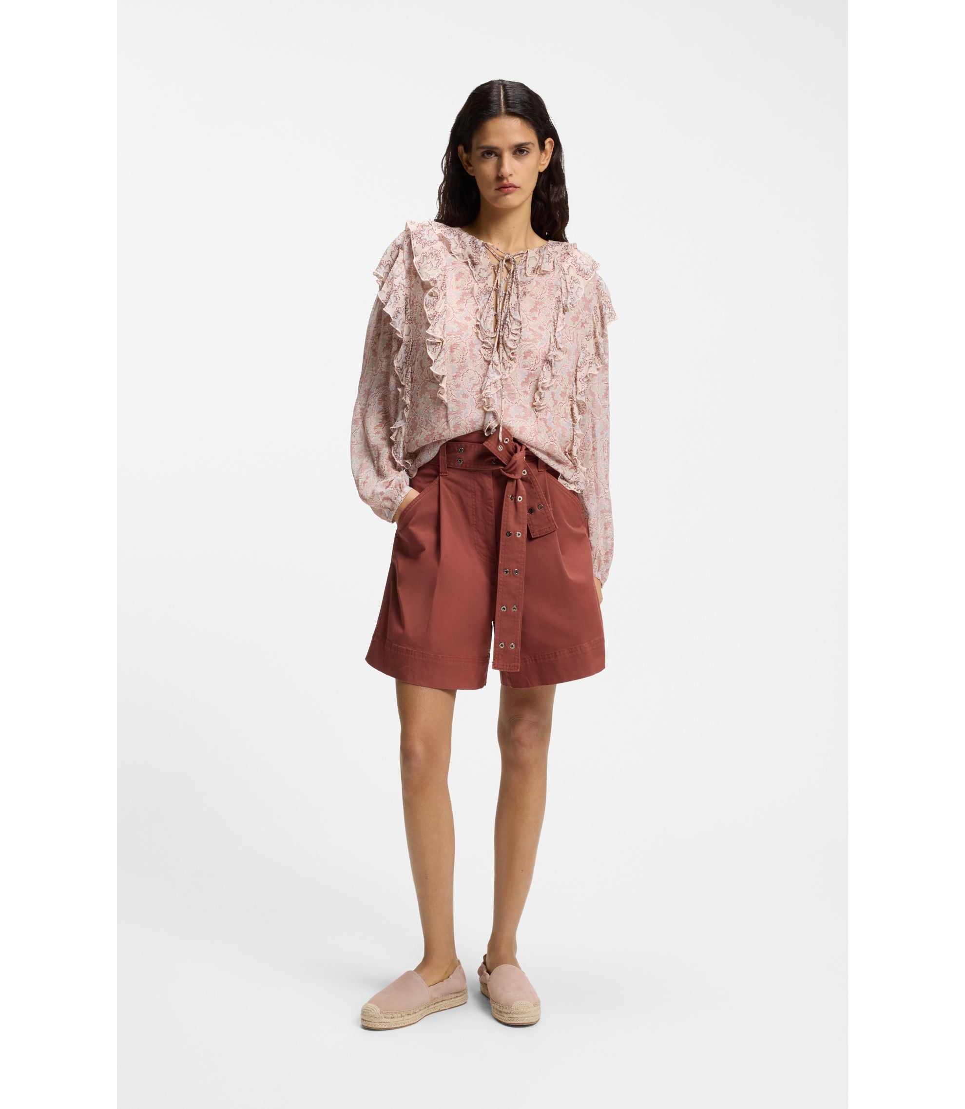 Boss Eyelet Belt Shorts In Stretch Cotton Dark Red Women's
