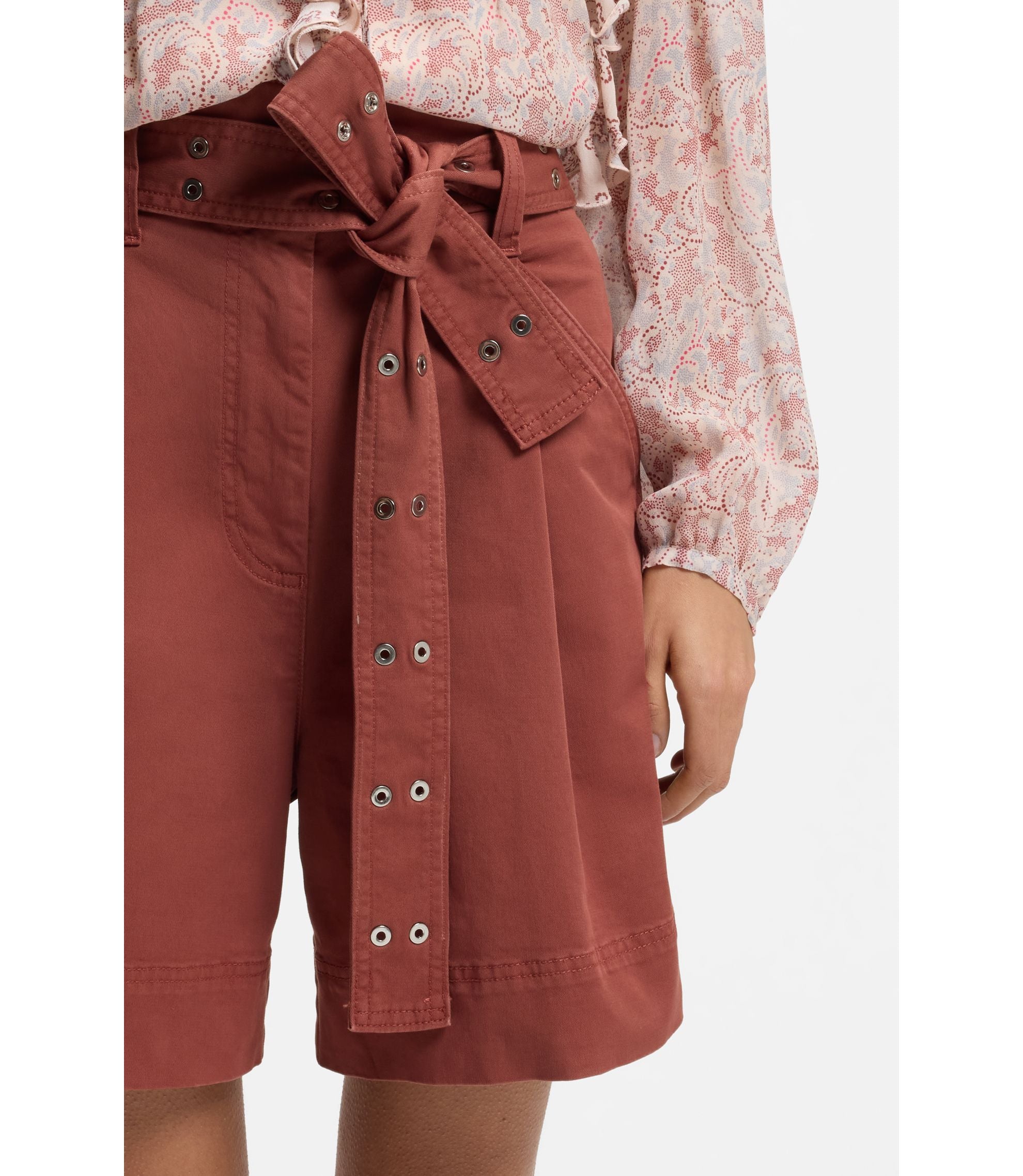 Boss Eyelet Belt Shorts In Stretch Cotton Dark Red Women's