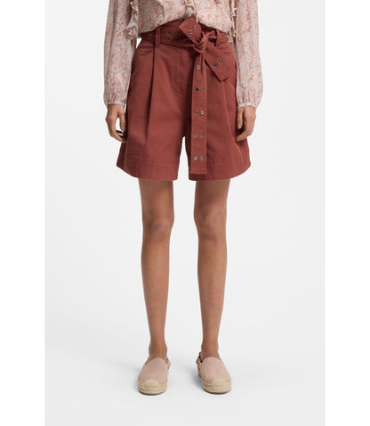 Boss Eyelet Belt Shorts In Stretch Cotton Dark Red Women's