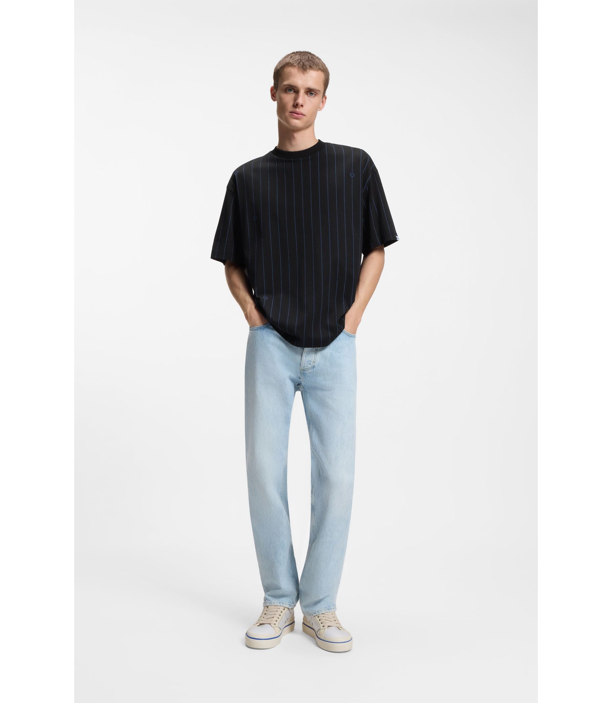 Hugo Cotton Jersey T Shirt With Happy Hugos And Stripe Black