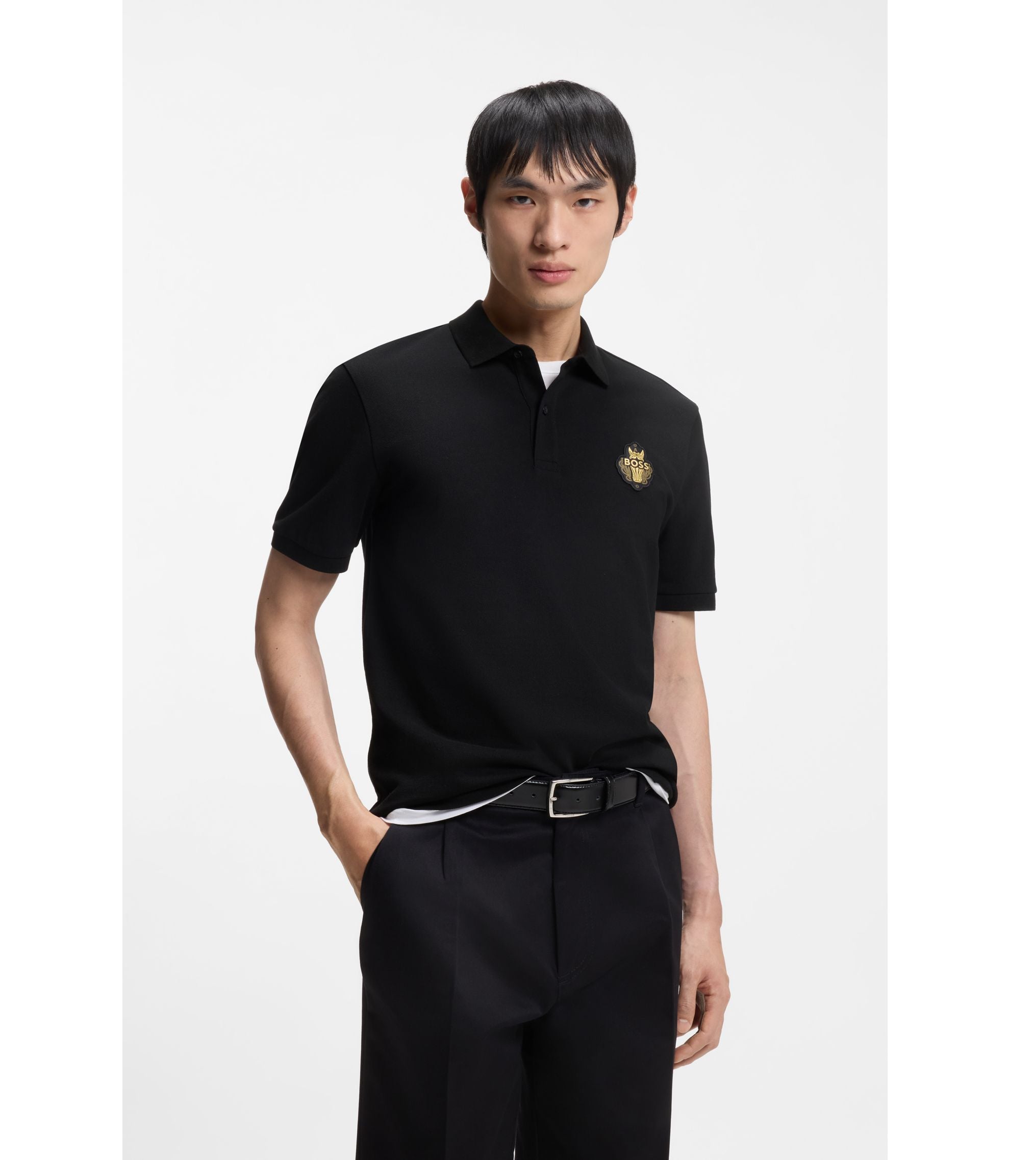 Boss Year Of The Horse Logo Artwork Polo Shirt In Cotton Piqu Black