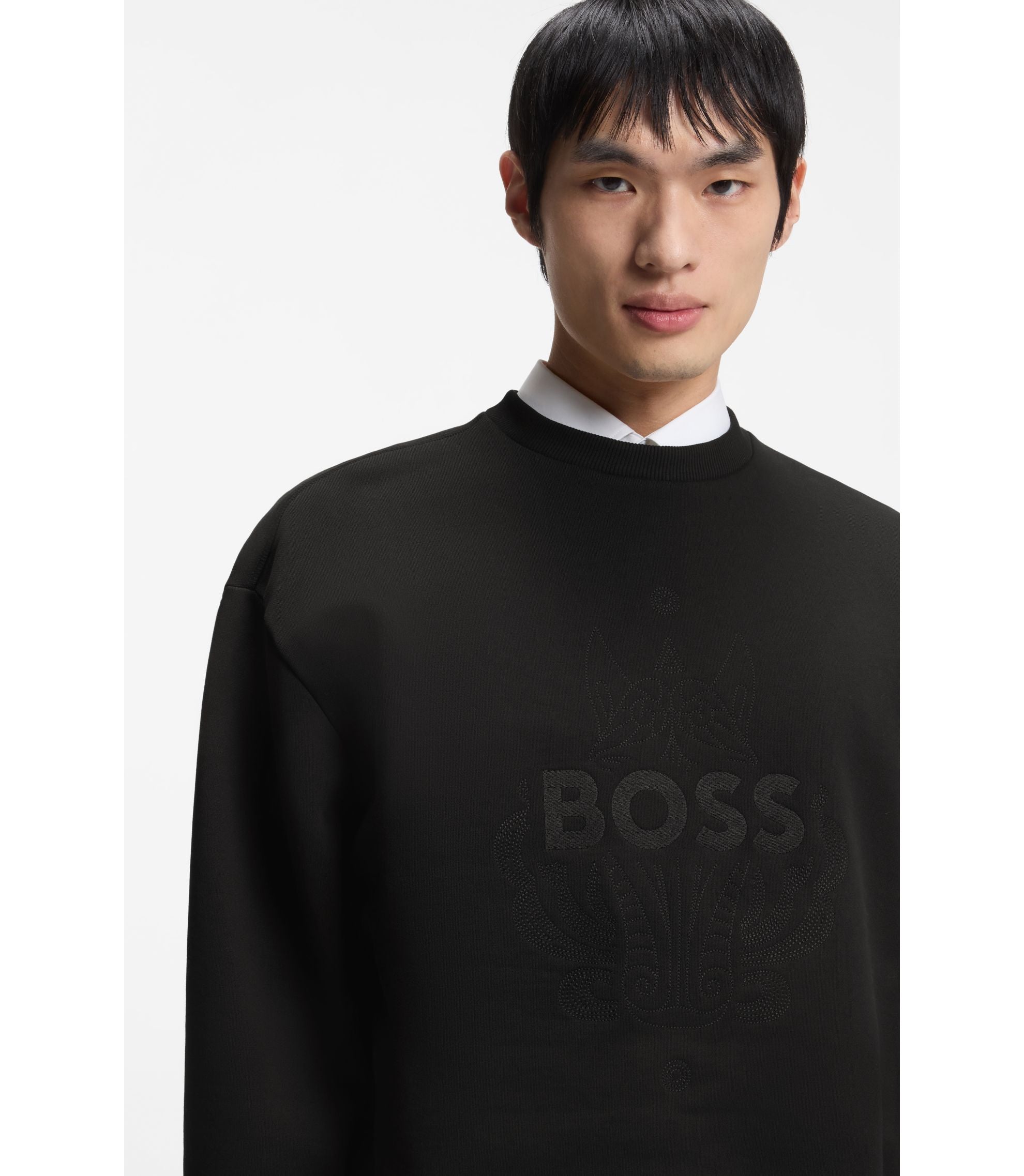 Boss Logo Artwork T Shirt In Cotton Terry Black