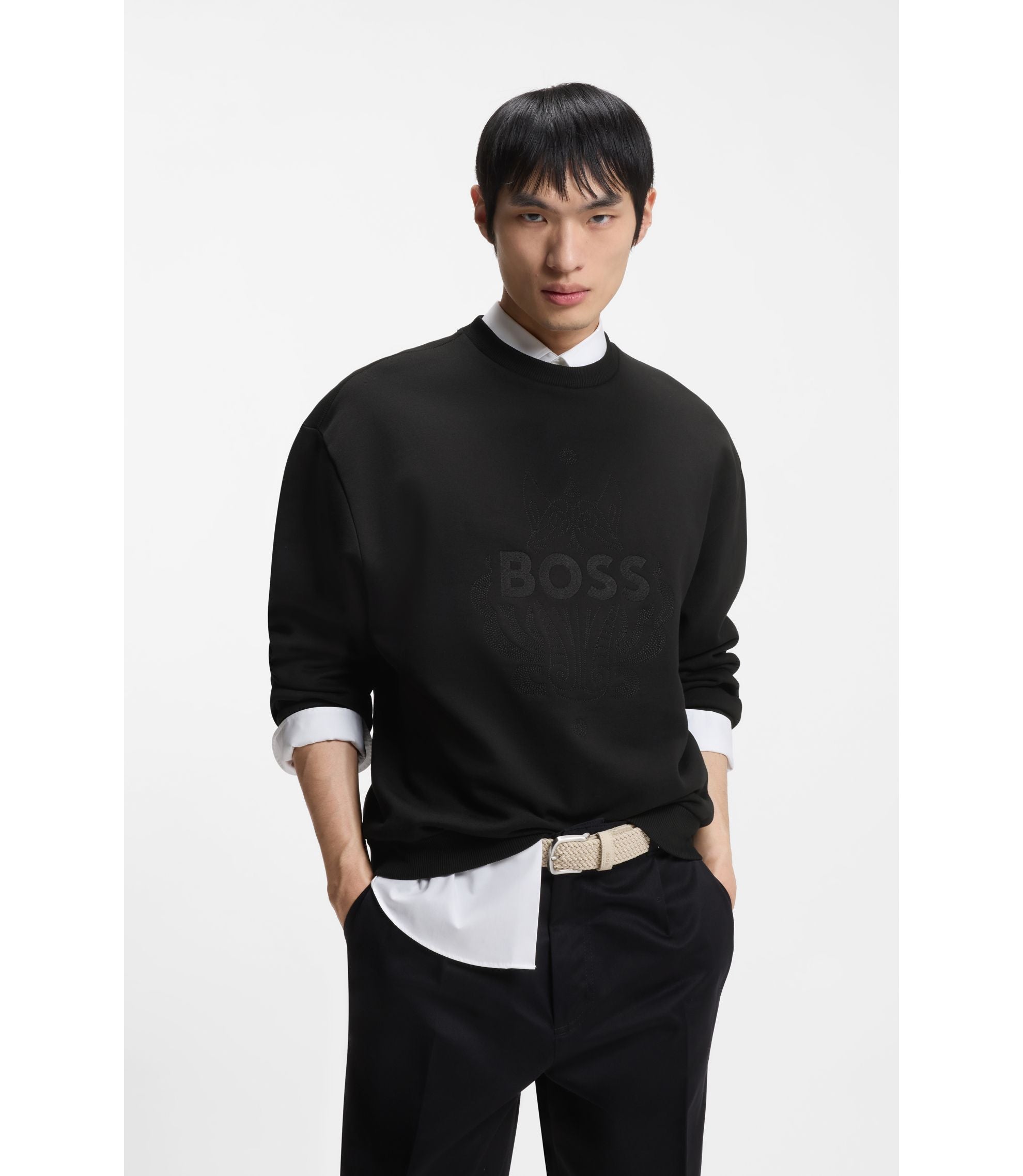 Boss Logo Artwork T Shirt In Cotton Terry Black