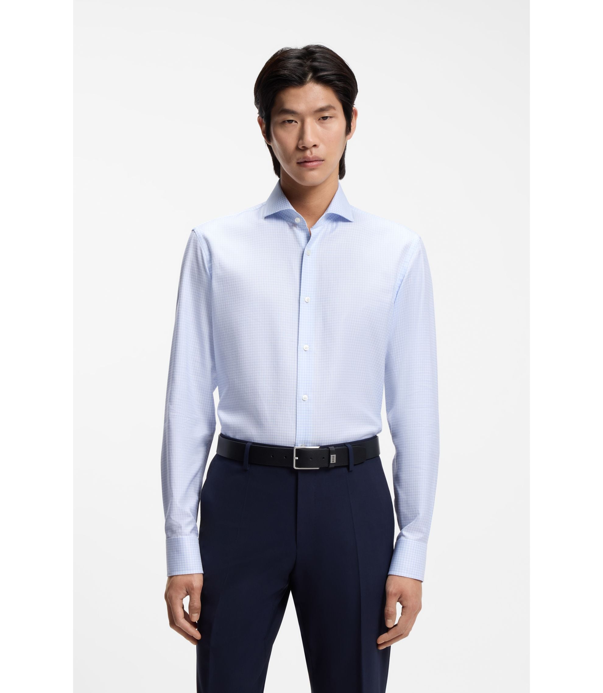 Boss Checked Regular Fit Shirt In Italian Made Cotton Twill Light Blue