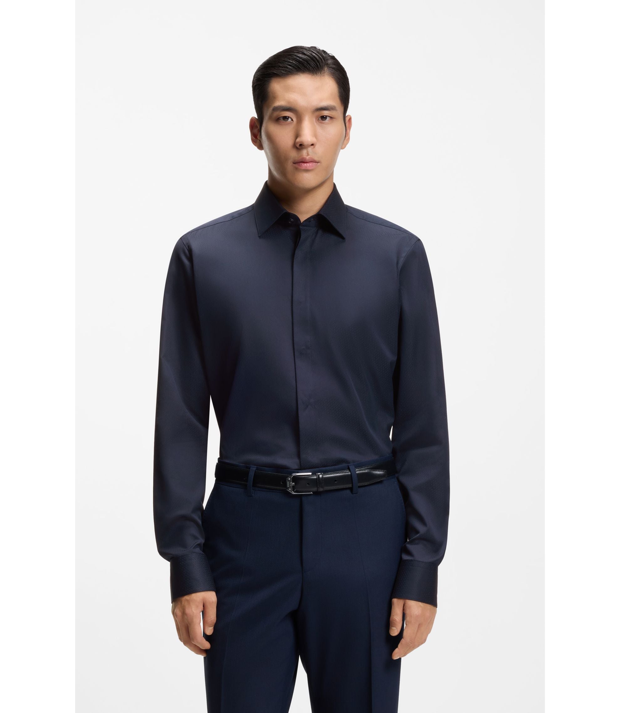 Boss Regular Fit Shirt In Italian Monogrammed Cotton Dark Blue