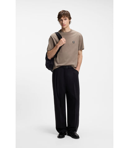 Hugo Relaxed Fit T Shirt In Interlock Cotton With Embroidered Shoulders Light Brown