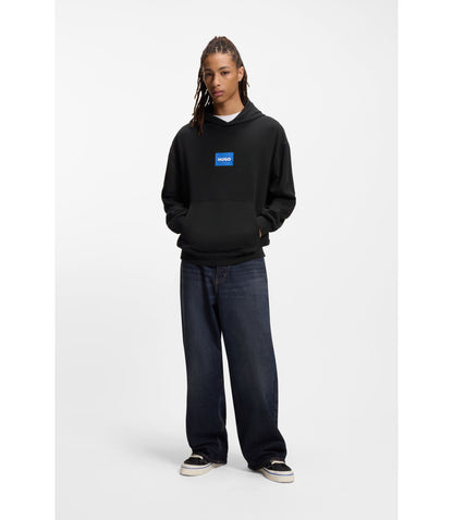 Hugo Blue Logo Hoodie In Cotton Terry Black