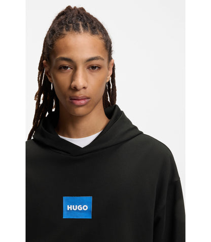 Hugo Blue Logo Hoodie In Cotton Terry Black