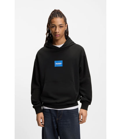 Hugo Blue Logo Hoodie In Cotton Terry Black
