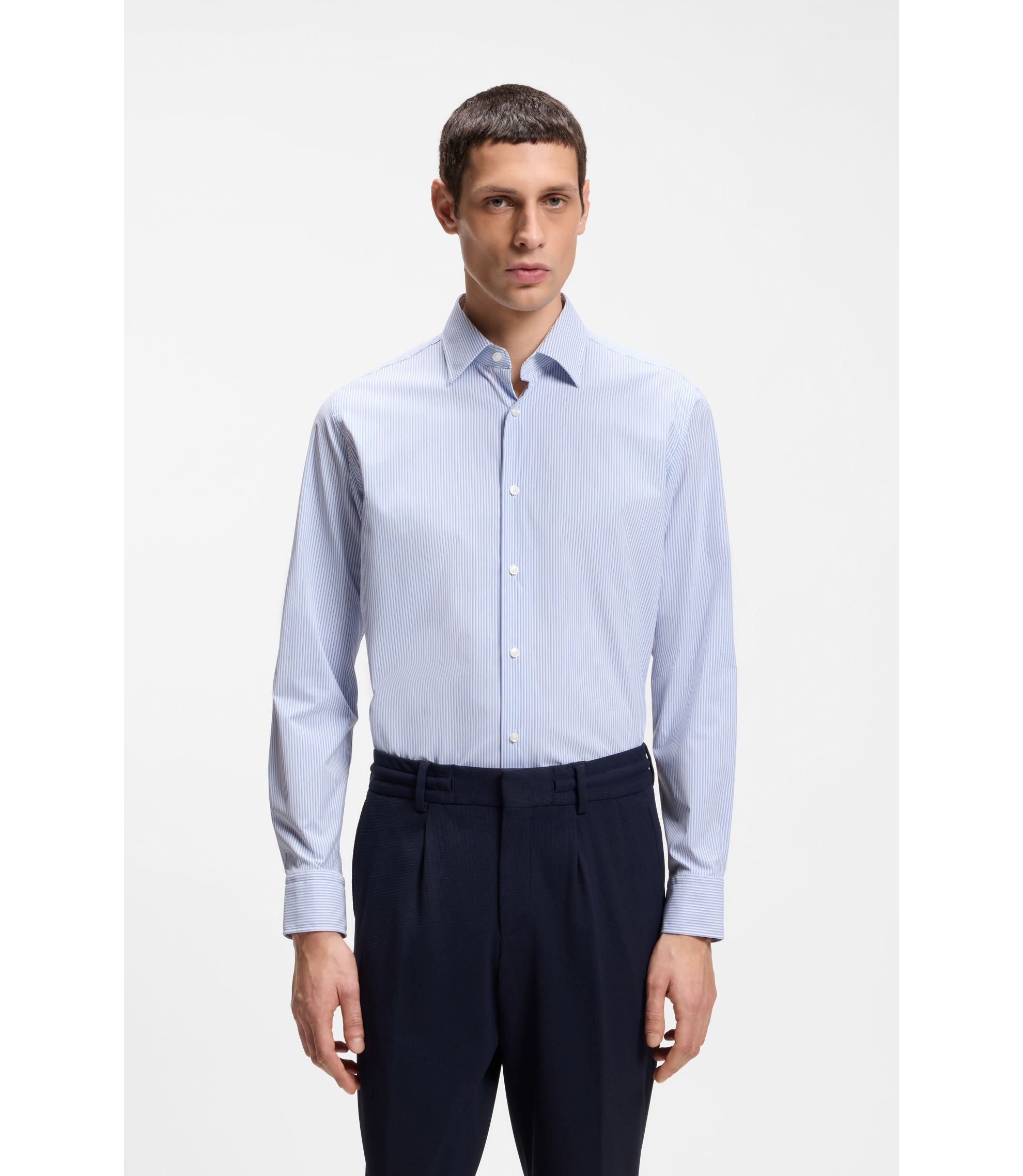 Boss Striped Regular Fit Shirt In Performance Stretch Fabric Light Blue
