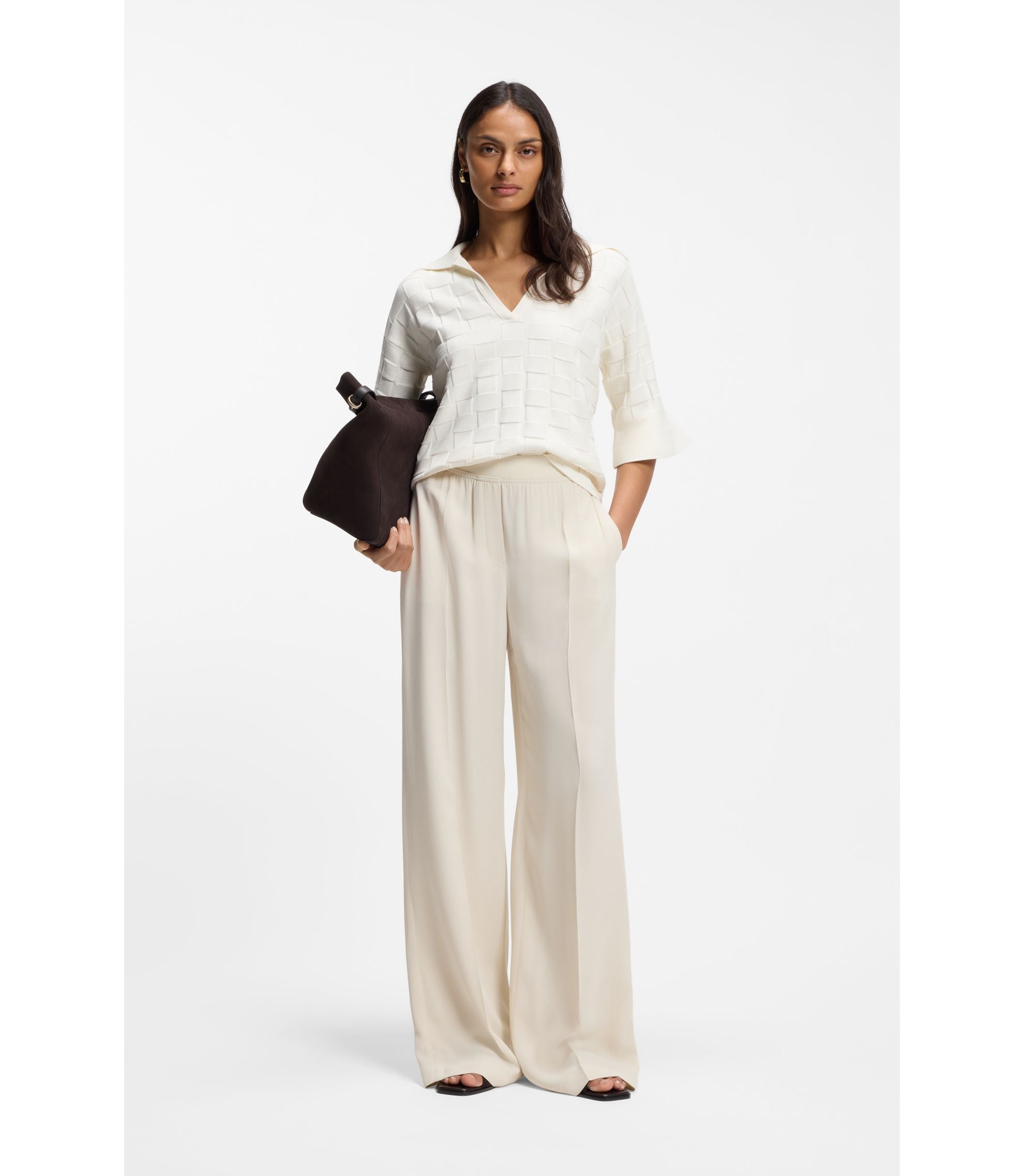 Boss Check Texture Sweater With Johnny Collar White Women's