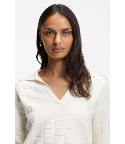 Boss Check Texture Sweater With Johnny Collar White Women's