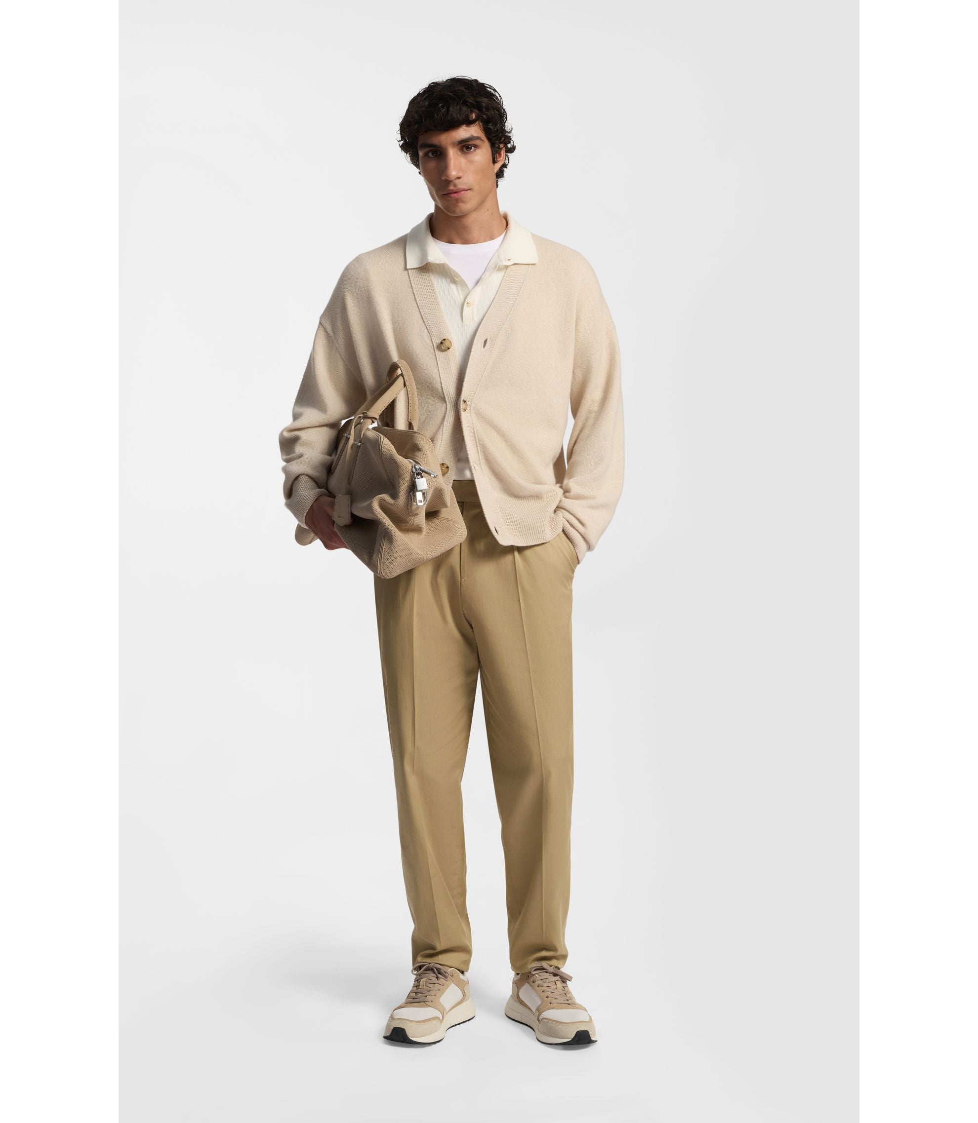 Boss Tapered Fit Trousers In Stretch Cotton Khaki