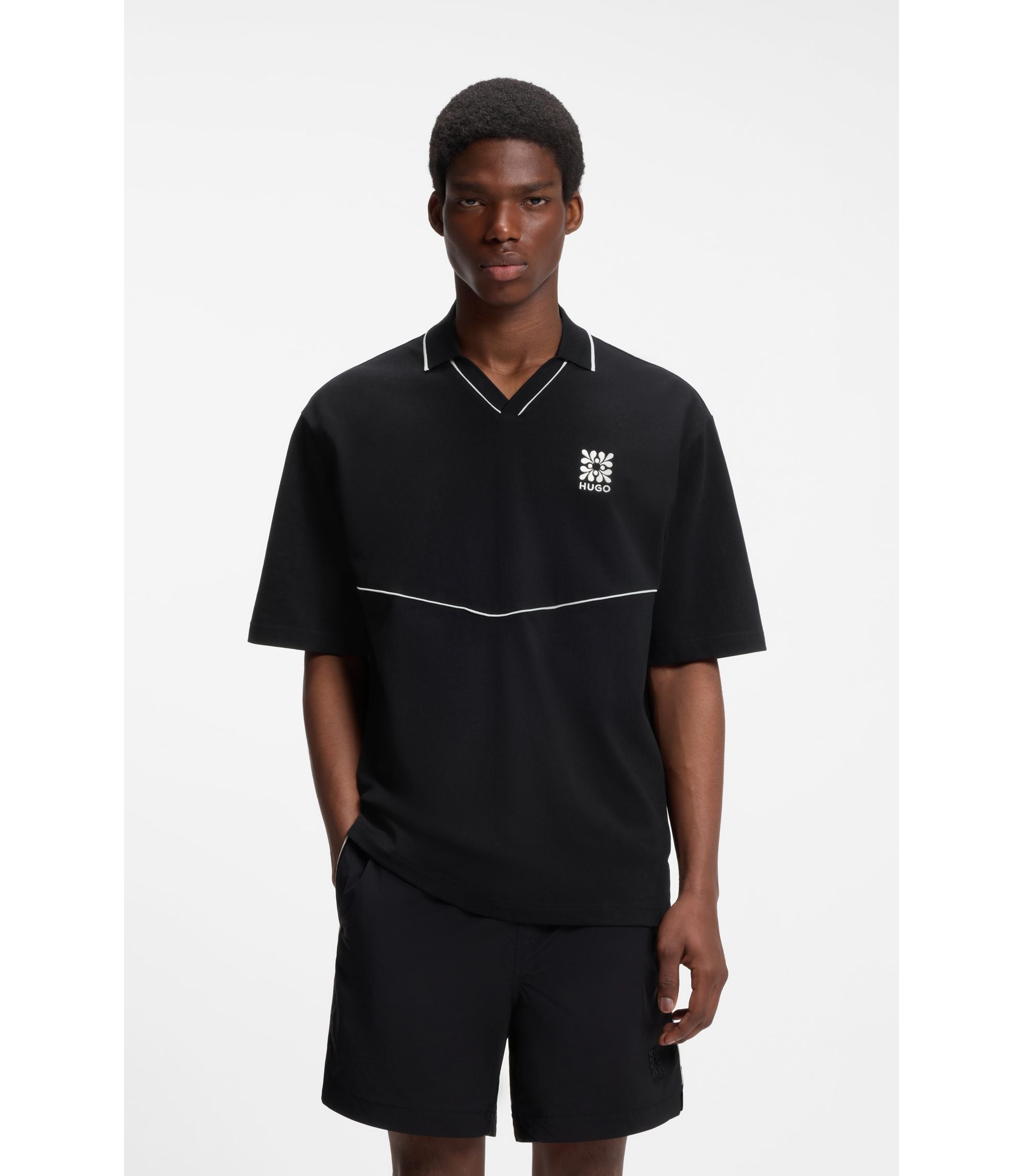 Hugo Embroidered Logo Polo Shirt With Johnny Collar Black