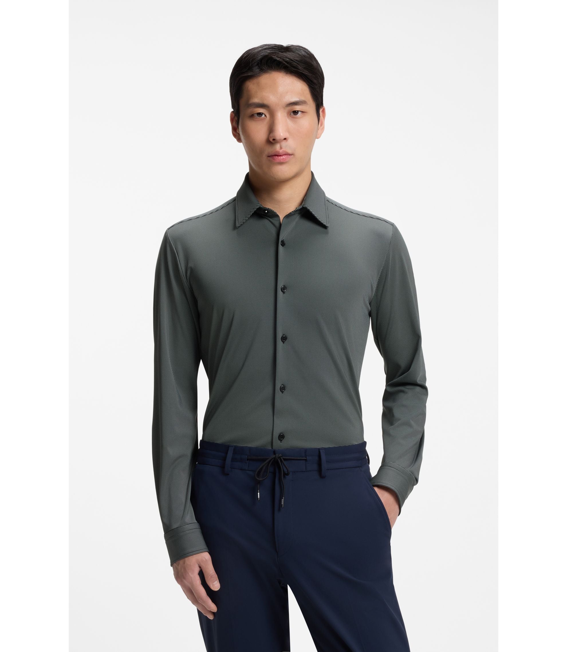 Boss Patterned Slim Fit Shirt In Performance Stretch Jersey Black