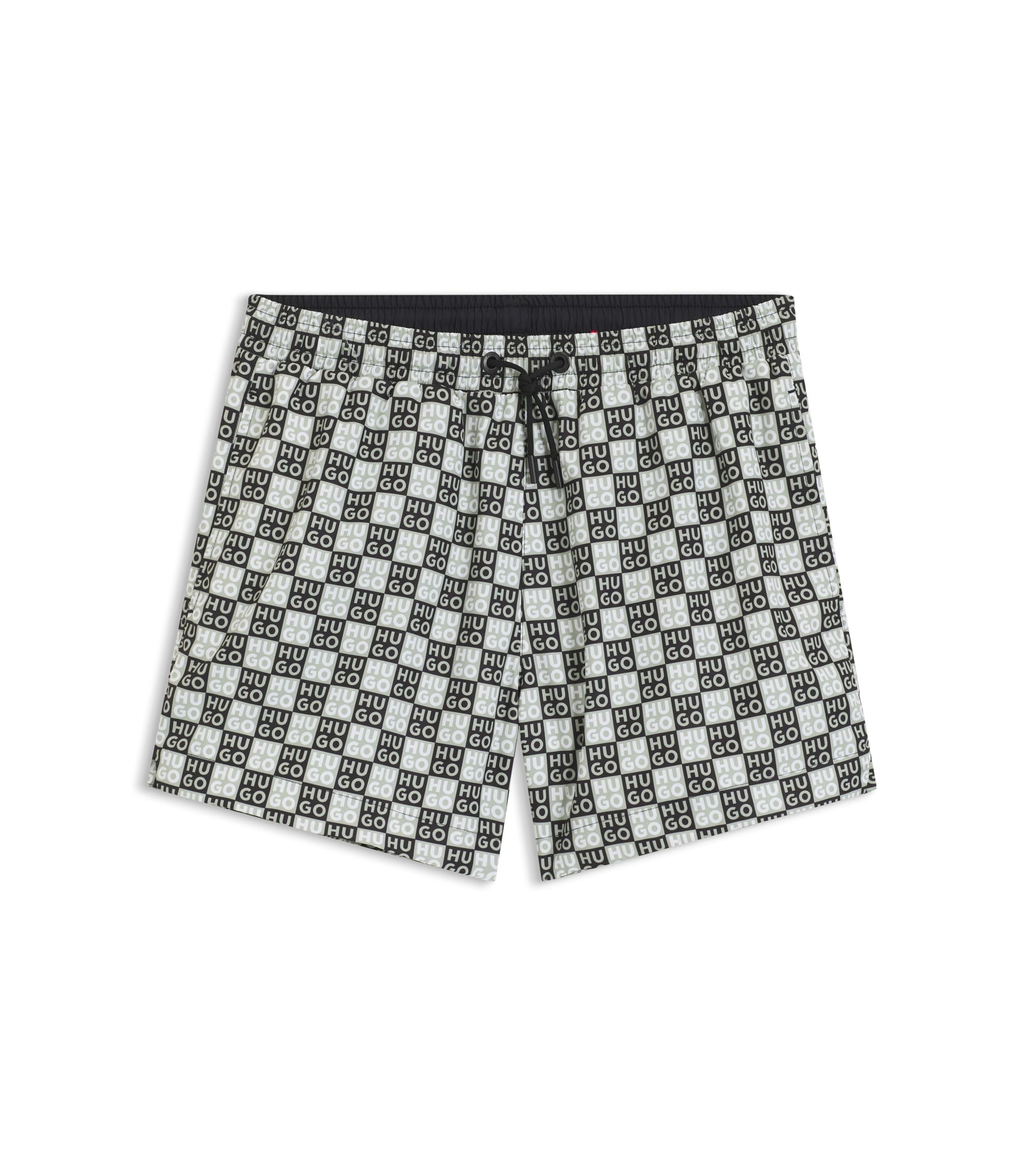 Hugo Quick Dry Swim Shorts With Stacked Logo Check Print Dark Green