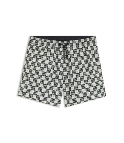 Hugo Quick Dry Swim Shorts With Stacked Logo Check Print Dark Green