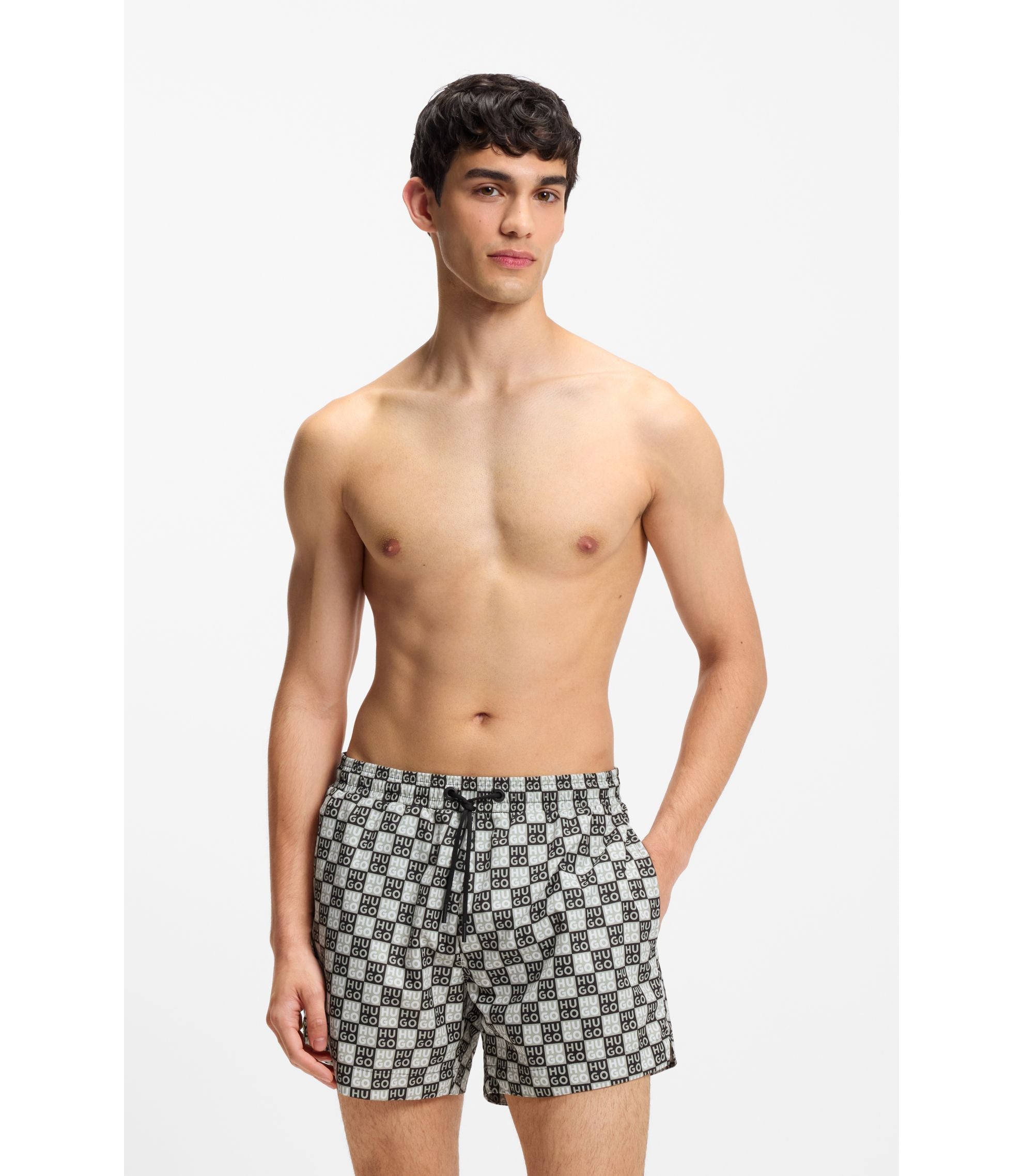 Hugo Quick Dry Swim Shorts With Stacked Logo Check Print Dark Green
