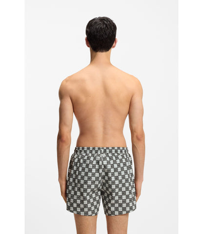 Hugo Quick Dry Swim Shorts With Stacked Logo Check Print Dark Green