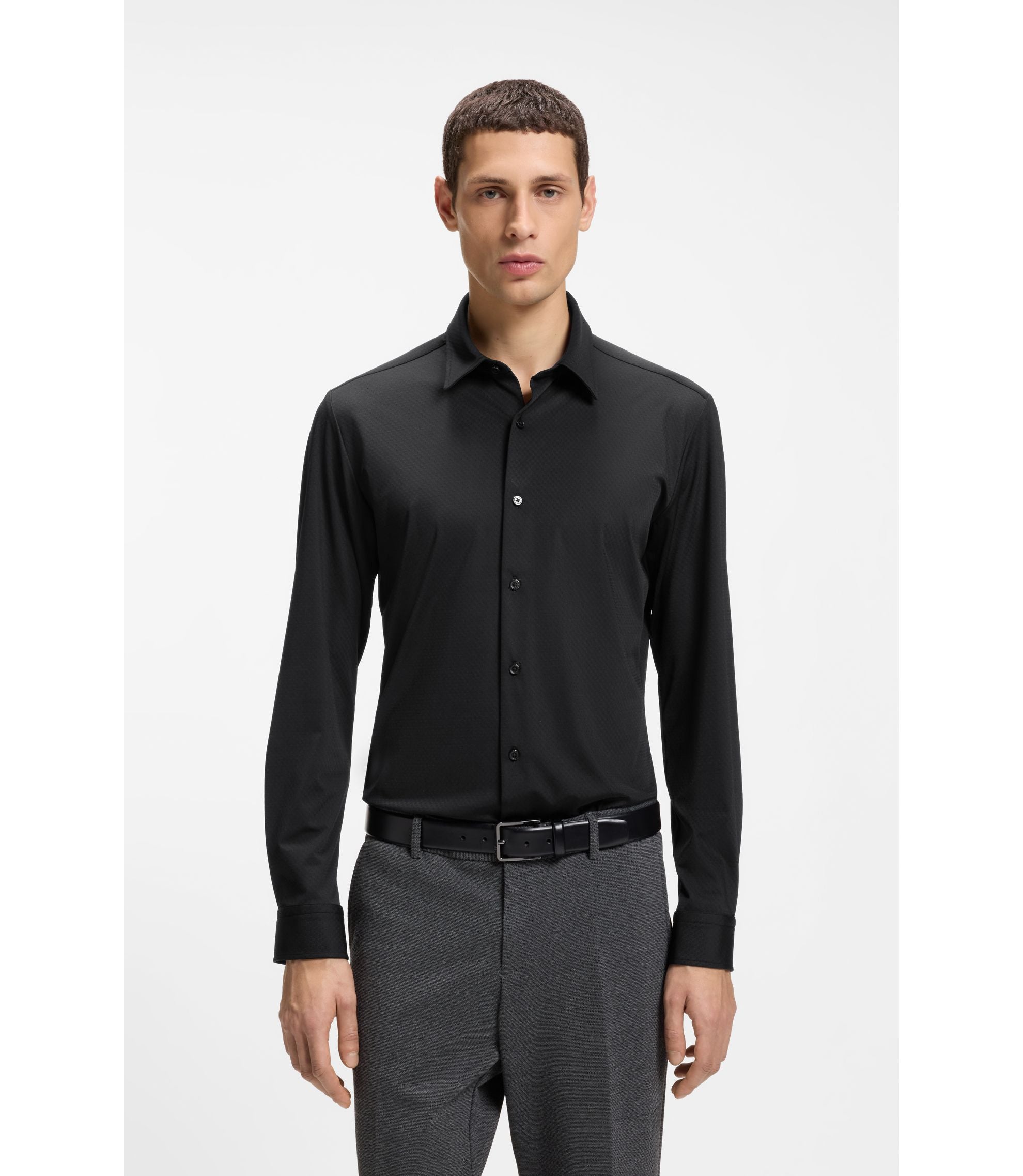 Boss Performance Stretch Slim Fit Shirt In Structured Jersey Black