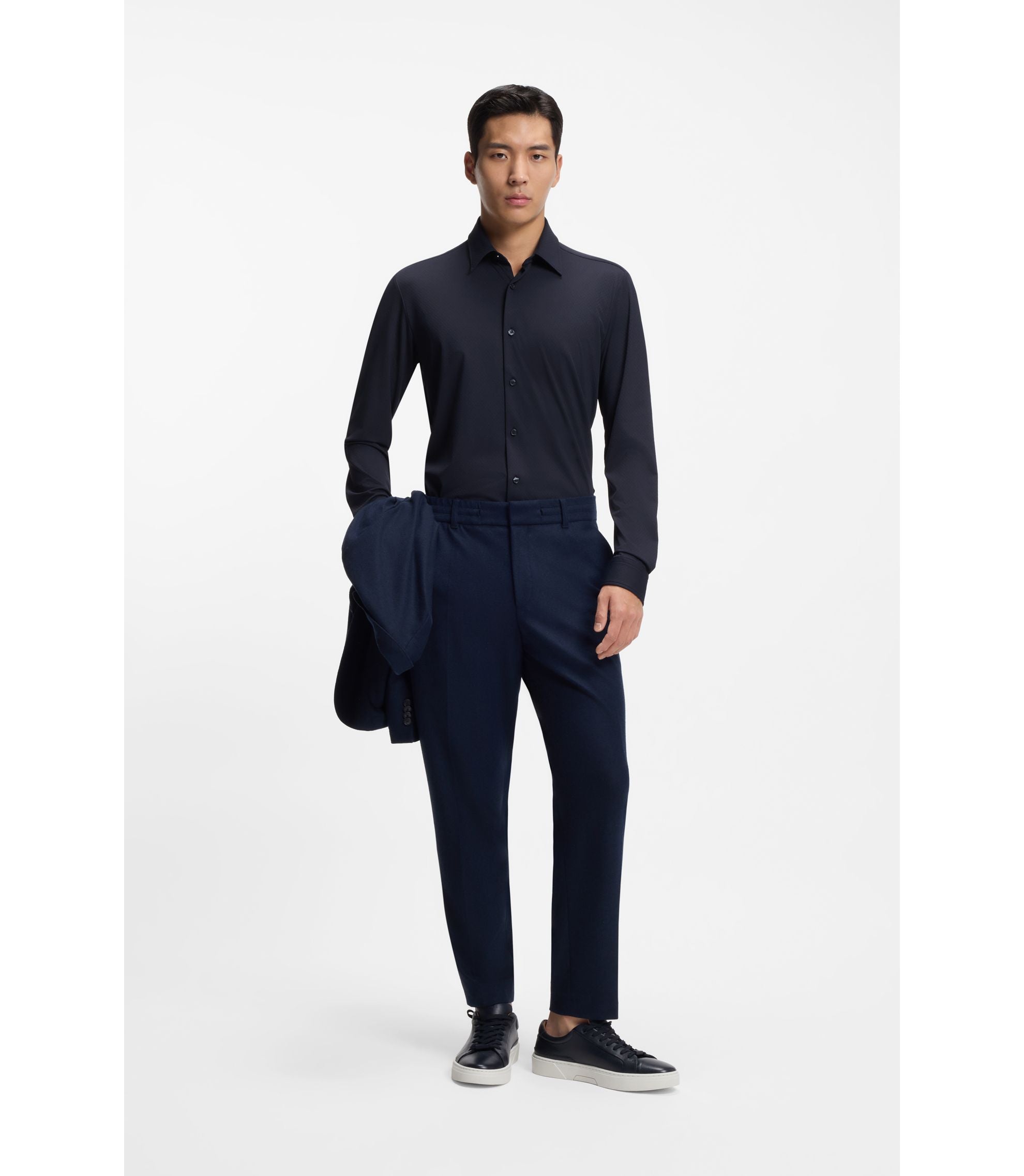 Boss Performance Stretch Slim Fit Shirt In Structured Jersey Dark Blue