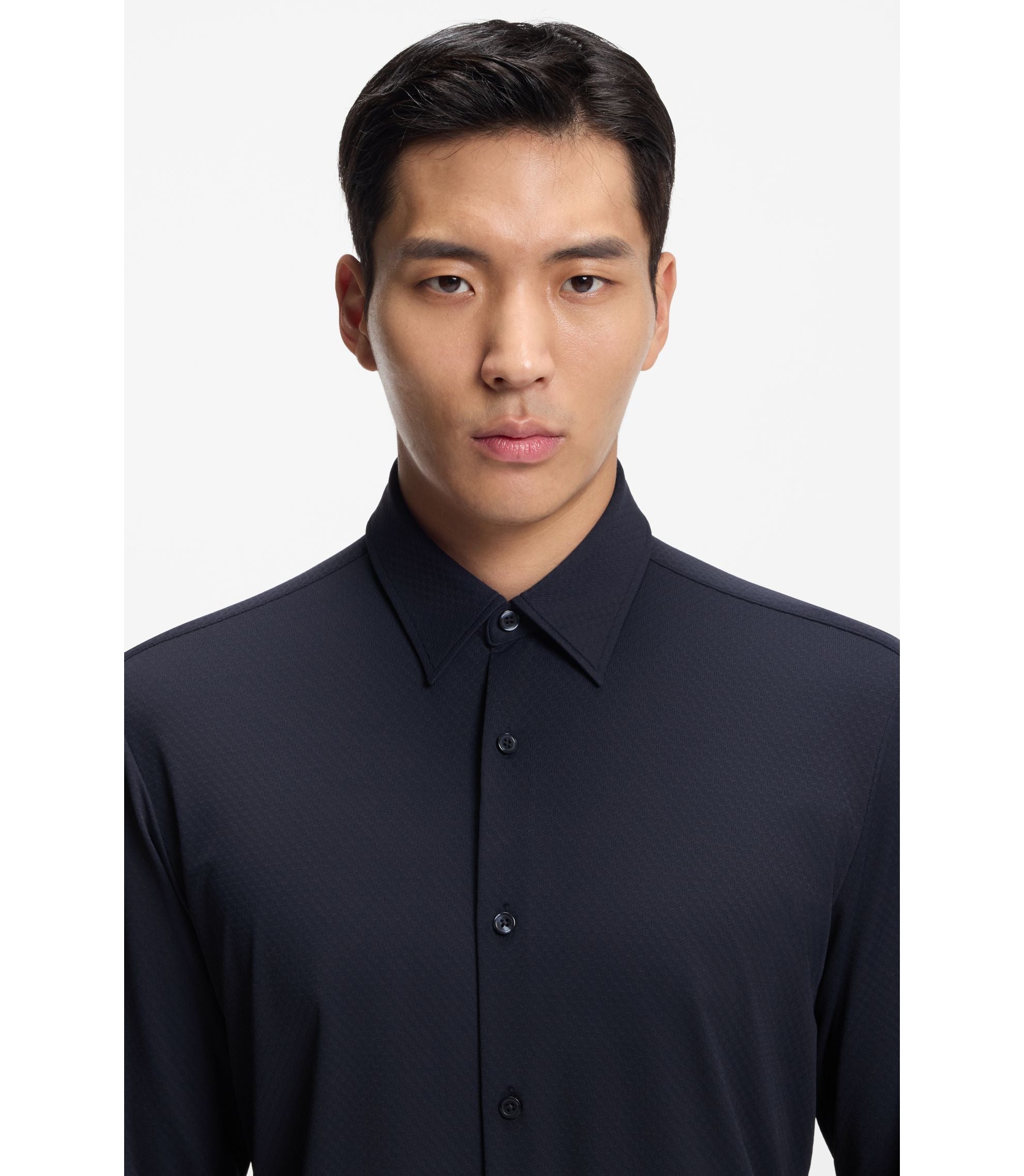 Boss Performance Stretch Slim Fit Shirt In Structured Jersey Dark Blue