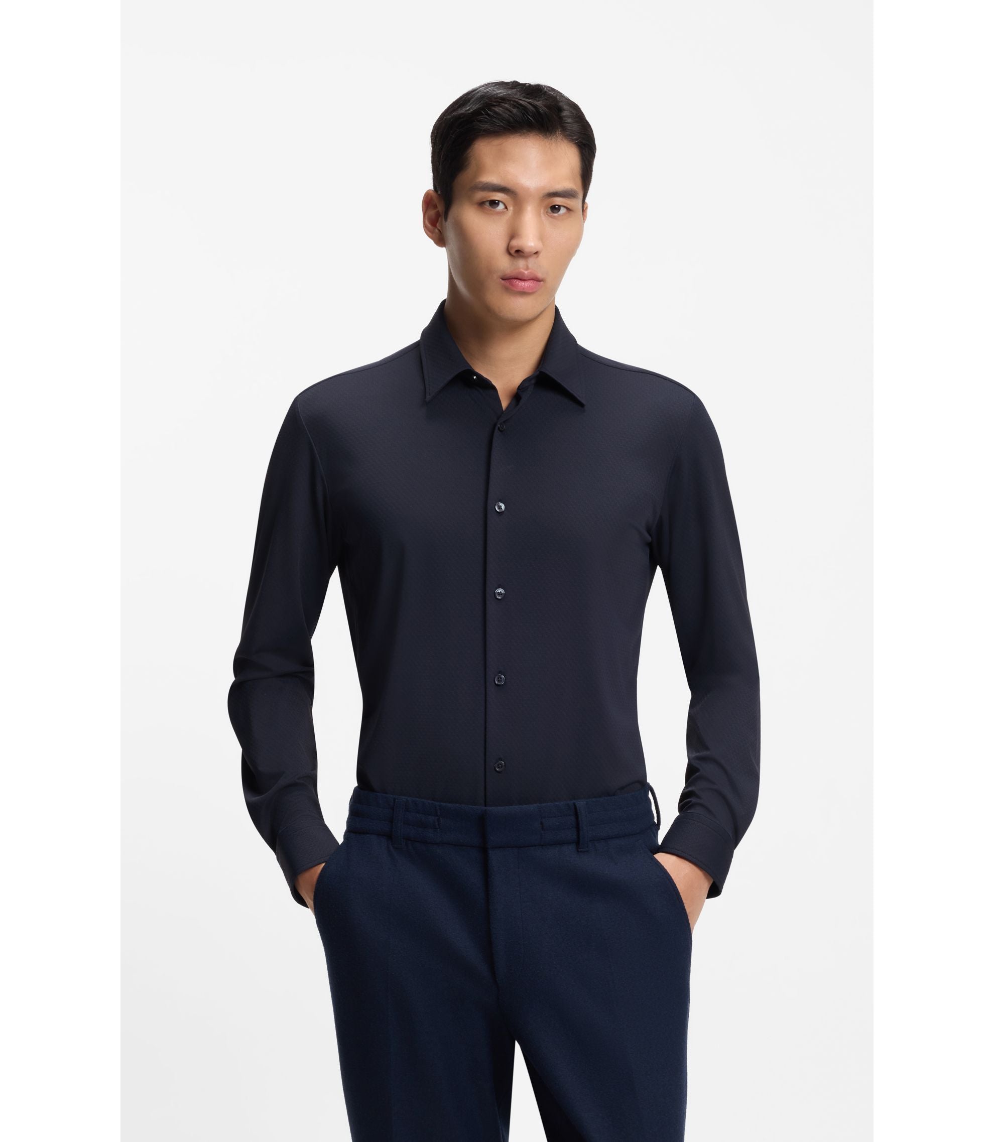 Boss Performance Stretch Slim Fit Shirt In Structured Jersey Dark Blue