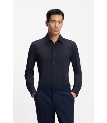 Boss Performance Stretch Slim Fit Shirt In Structured Jersey Dark Blue