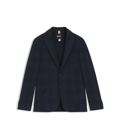 Boss Checked Slim Fit Jacket In A Cotton Blend Dark Blue