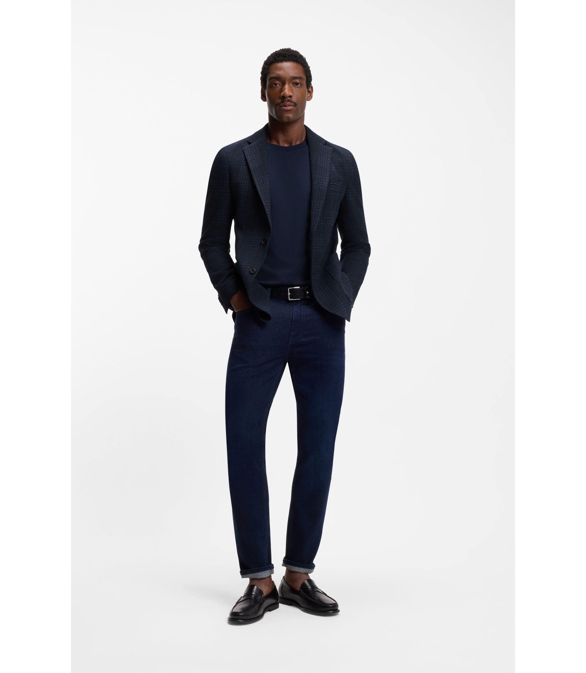 Boss Checked Slim Fit Jacket In A Cotton Blend Dark Blue