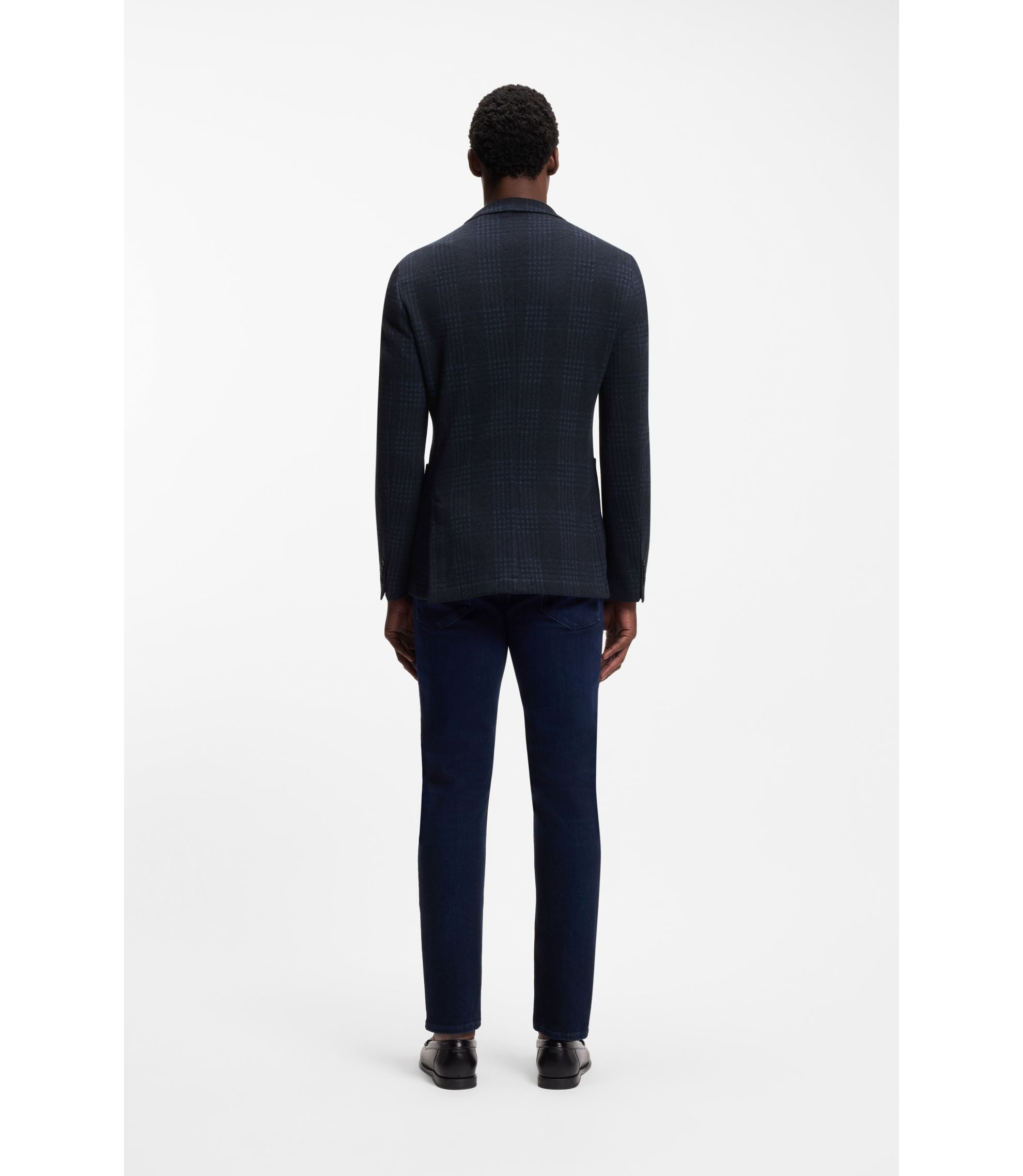 Boss Checked Slim Fit Jacket In A Cotton Blend Dark Blue