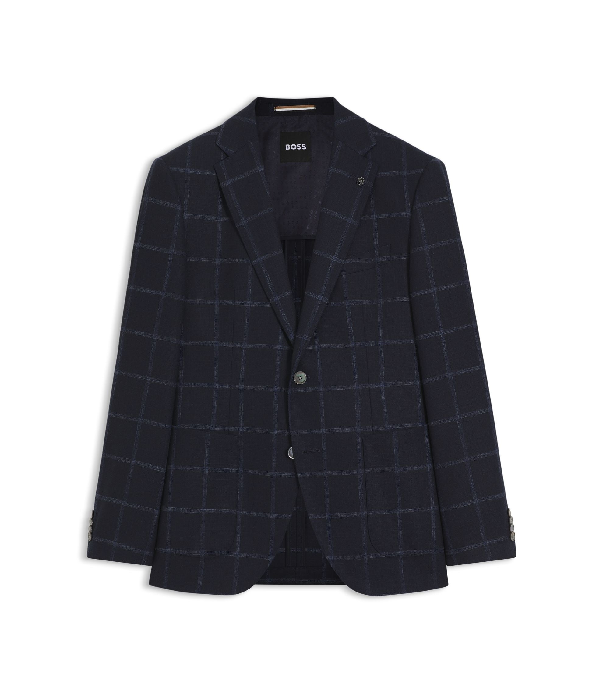 Boss Checked Regular Fit Jacket In Comfort Stretch Cloth Dark Blue