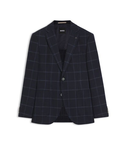 Boss Checked Regular Fit Jacket In Comfort Stretch Cloth Dark Blue
