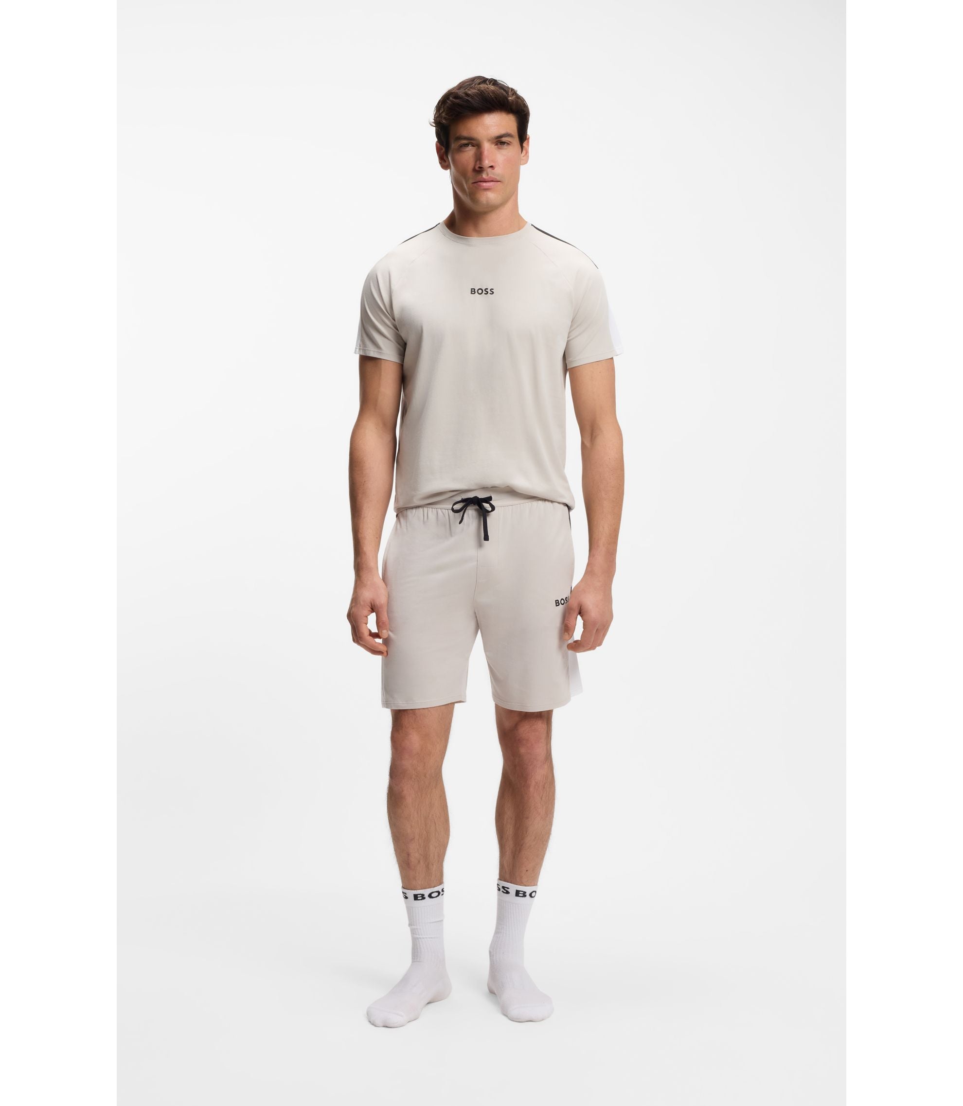 Boss Cotton Blend Pajama T Shirt With Color Blocking Light Grey