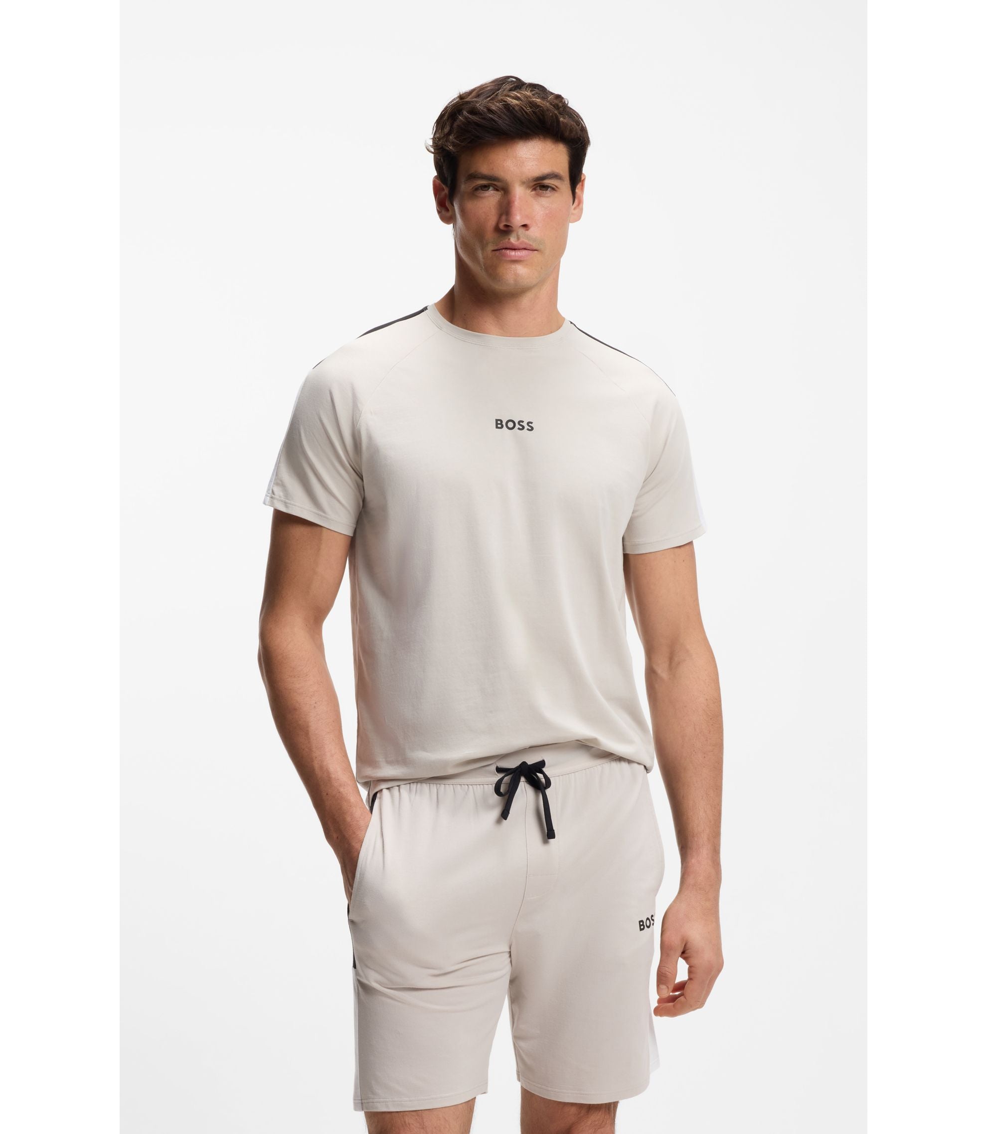 Boss Cotton Blend Pajama T Shirt With Color Blocking Light Grey