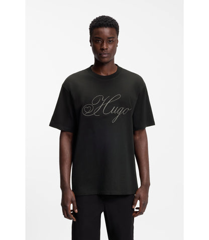 Hugo Embroidered Logo T Shirt In Cotton Jersey Black