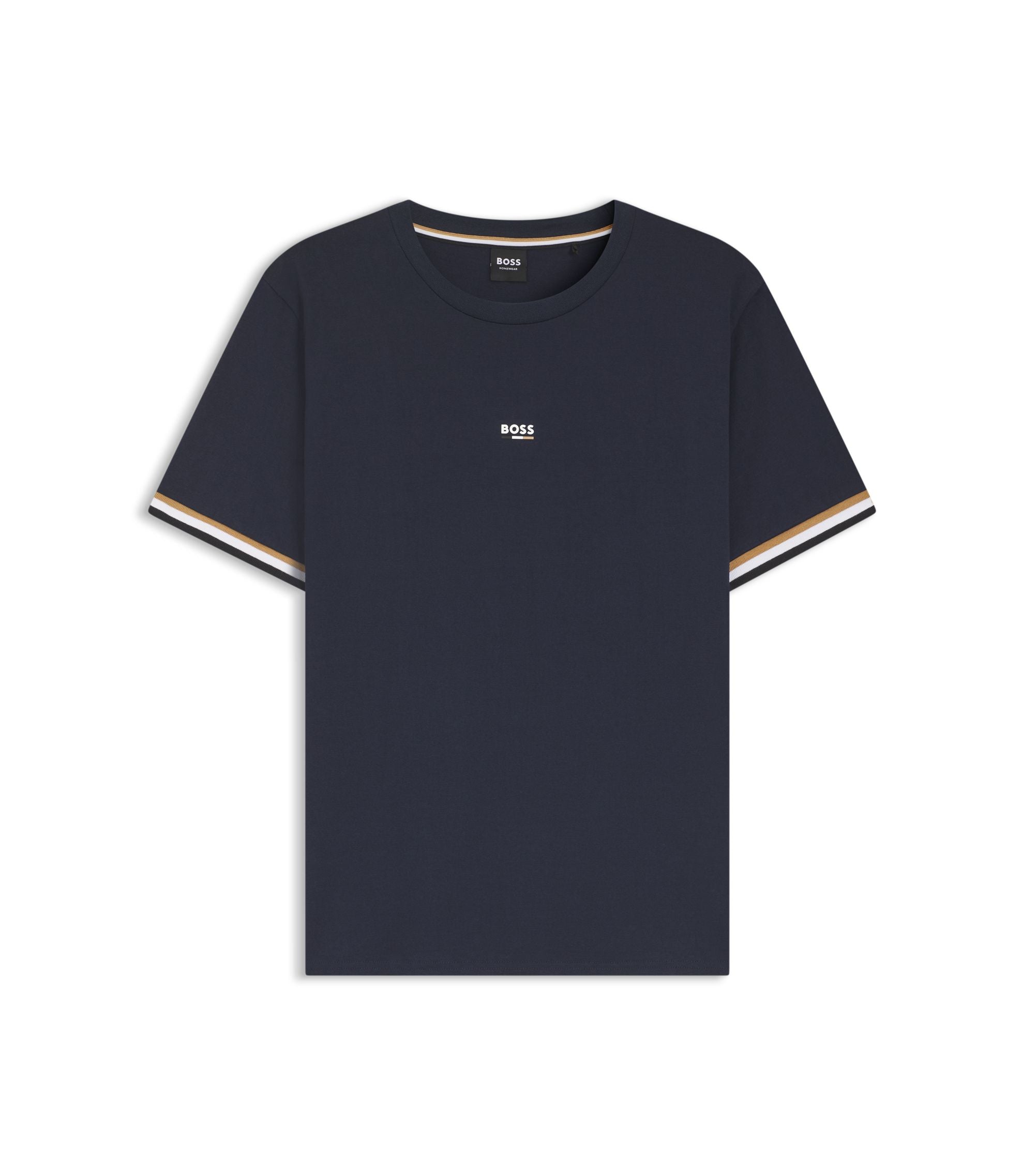 Boss Cotton Blend T Shirt With Logo And Signature Stripes Dark Blue