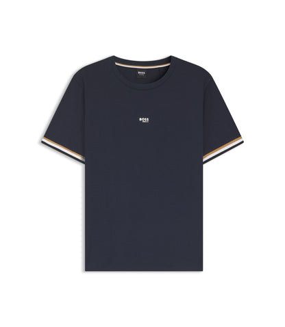 Boss Cotton Blend T Shirt With Logo And Signature Stripes Dark Blue