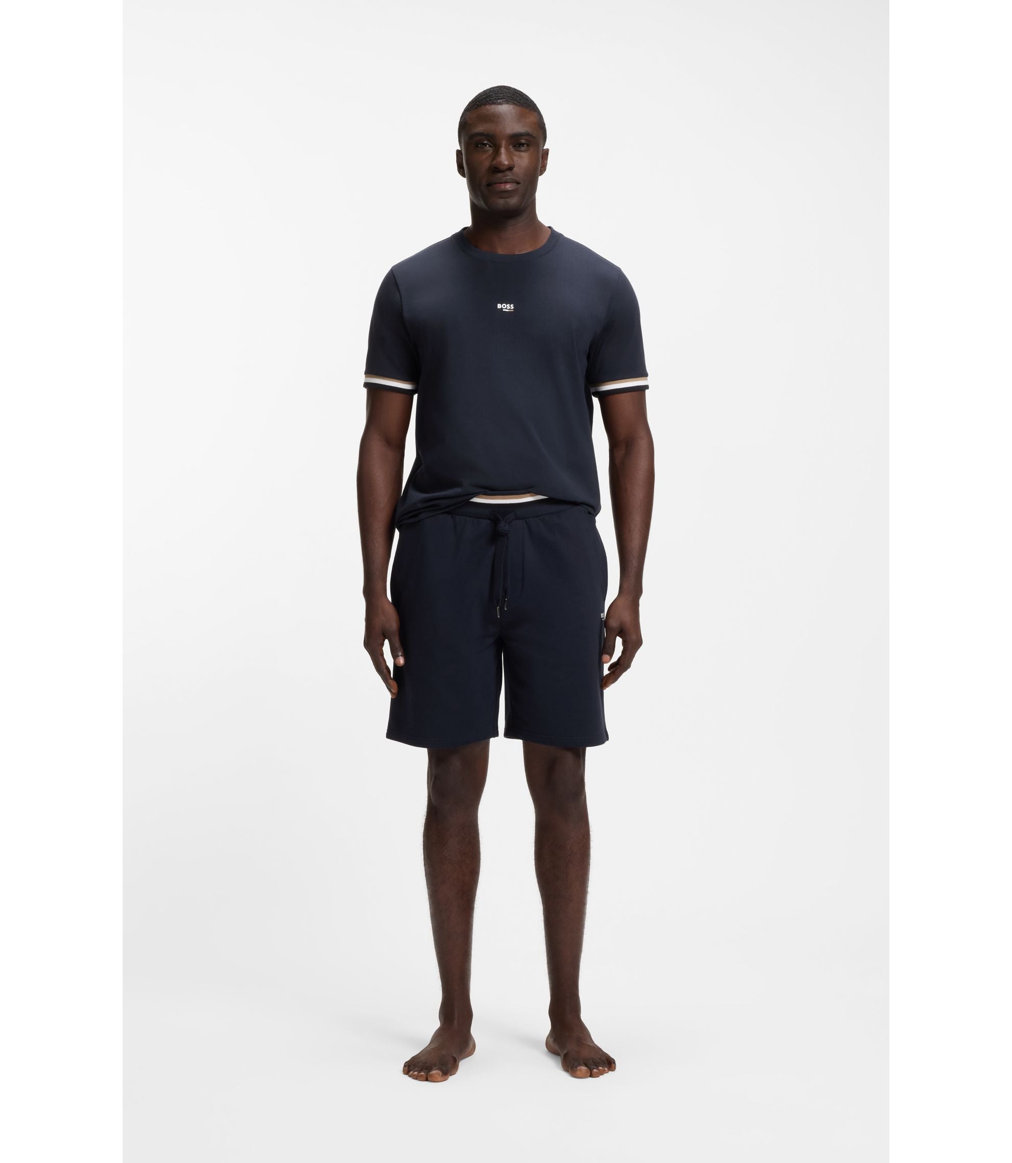 Boss Cotton Blend T Shirt With Logo And Signature Stripes Dark Blue