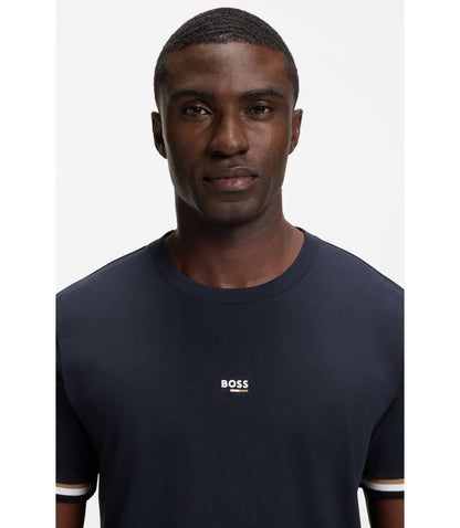Boss Cotton Blend T Shirt With Logo And Signature Stripes Dark Blue