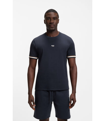 Boss Cotton Blend T Shirt With Logo And Signature Stripes Dark Blue