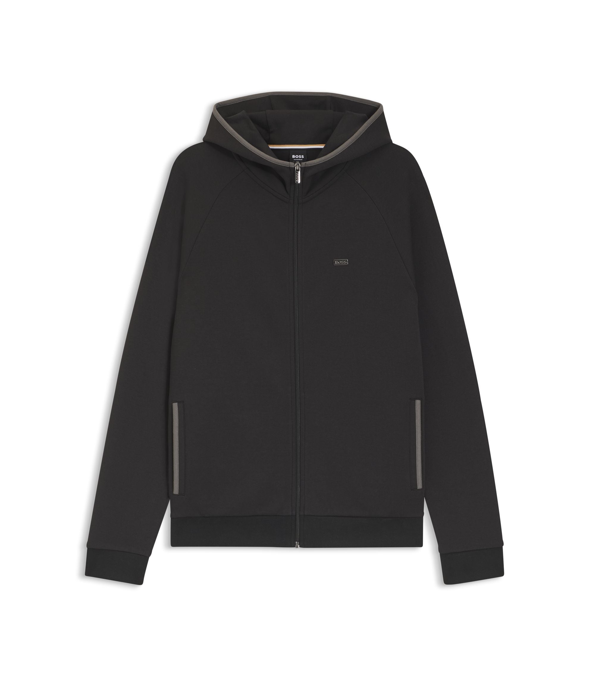 Boss Contrast Binding Zip Up Hoodie In A Cotton Blend Black