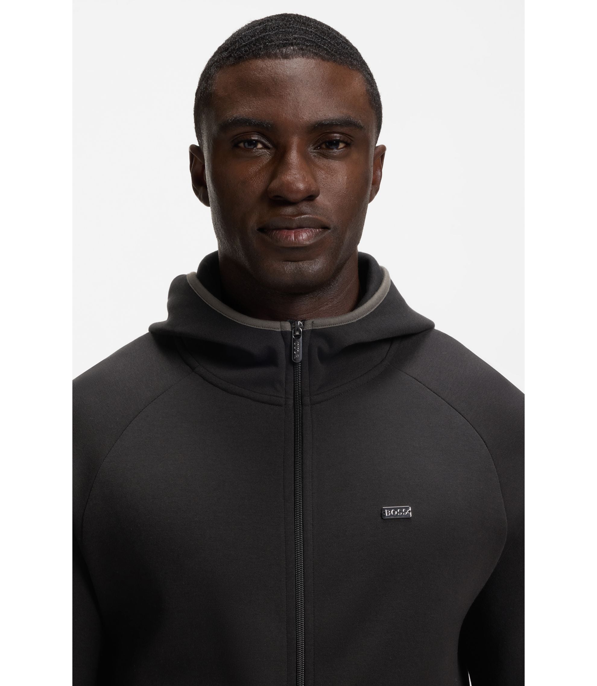 Boss Contrast Binding Zip Up Hoodie In A Cotton Blend Black