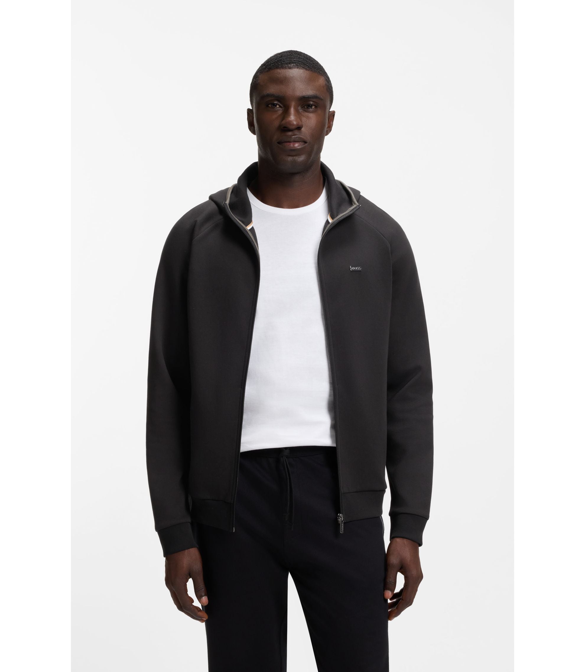 Boss Contrast Binding Zip Up Hoodie In A Cotton Blend Black