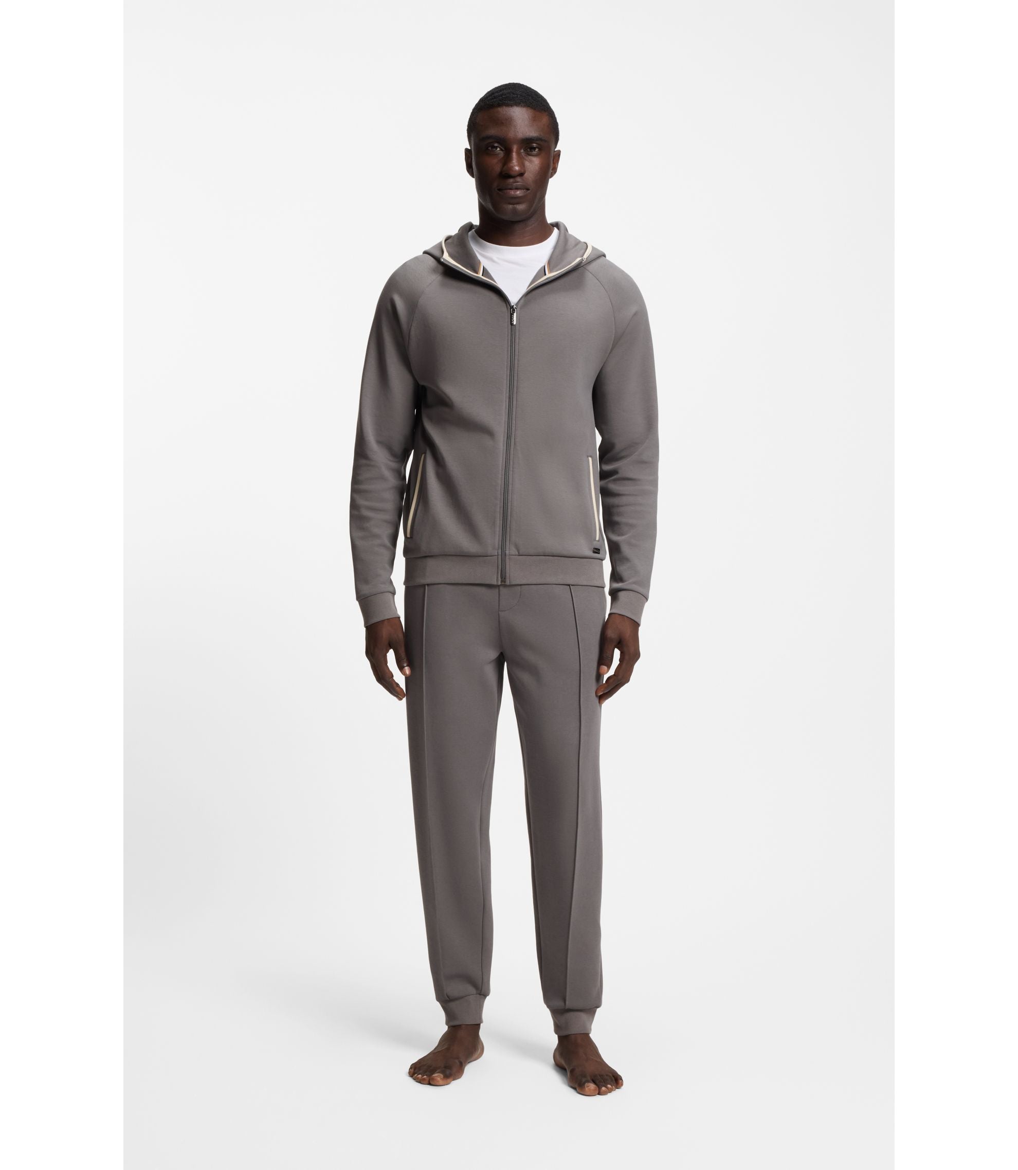 Boss Contrast Binding Zip Up Hoodie In A Cotton Blend Dark Grey