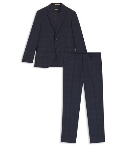 Boss Two Piece Regular Fit Suit In Checked Virgin Wool Dark Blue